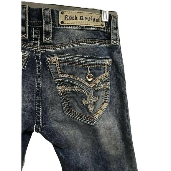 Rock Revival Luz Boot Blue Denim Jeans 25x29 Stretch Leather Flap Pockets Bling - Picture 5 of 11